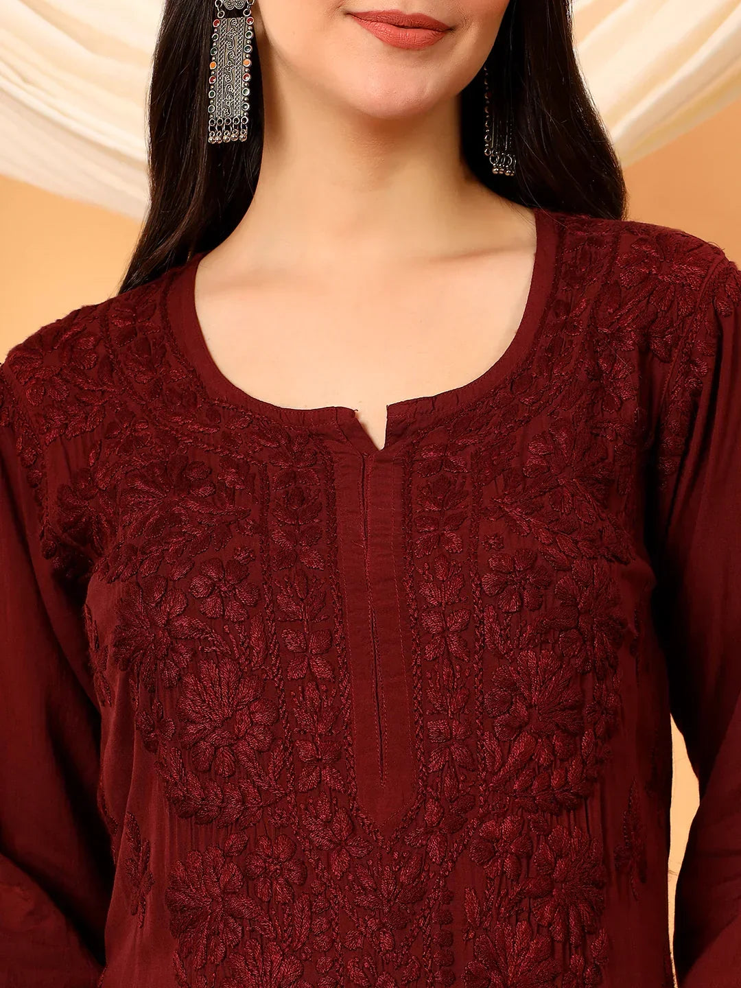 Alina Chikankari Modal Straight Kurta (Brown)