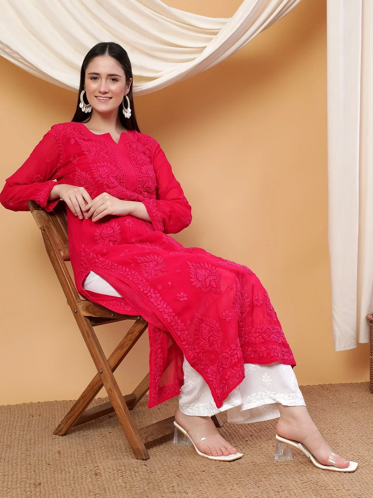 Dua Premium Viscose 3D Chikankari Straight Kurta (Magenta)