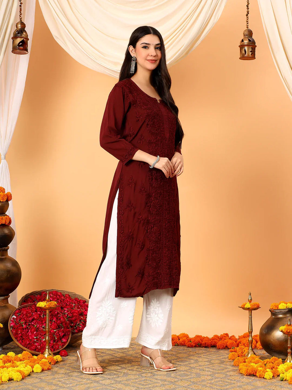 Alina Chikankari Modal Straight Kurta (Brown)