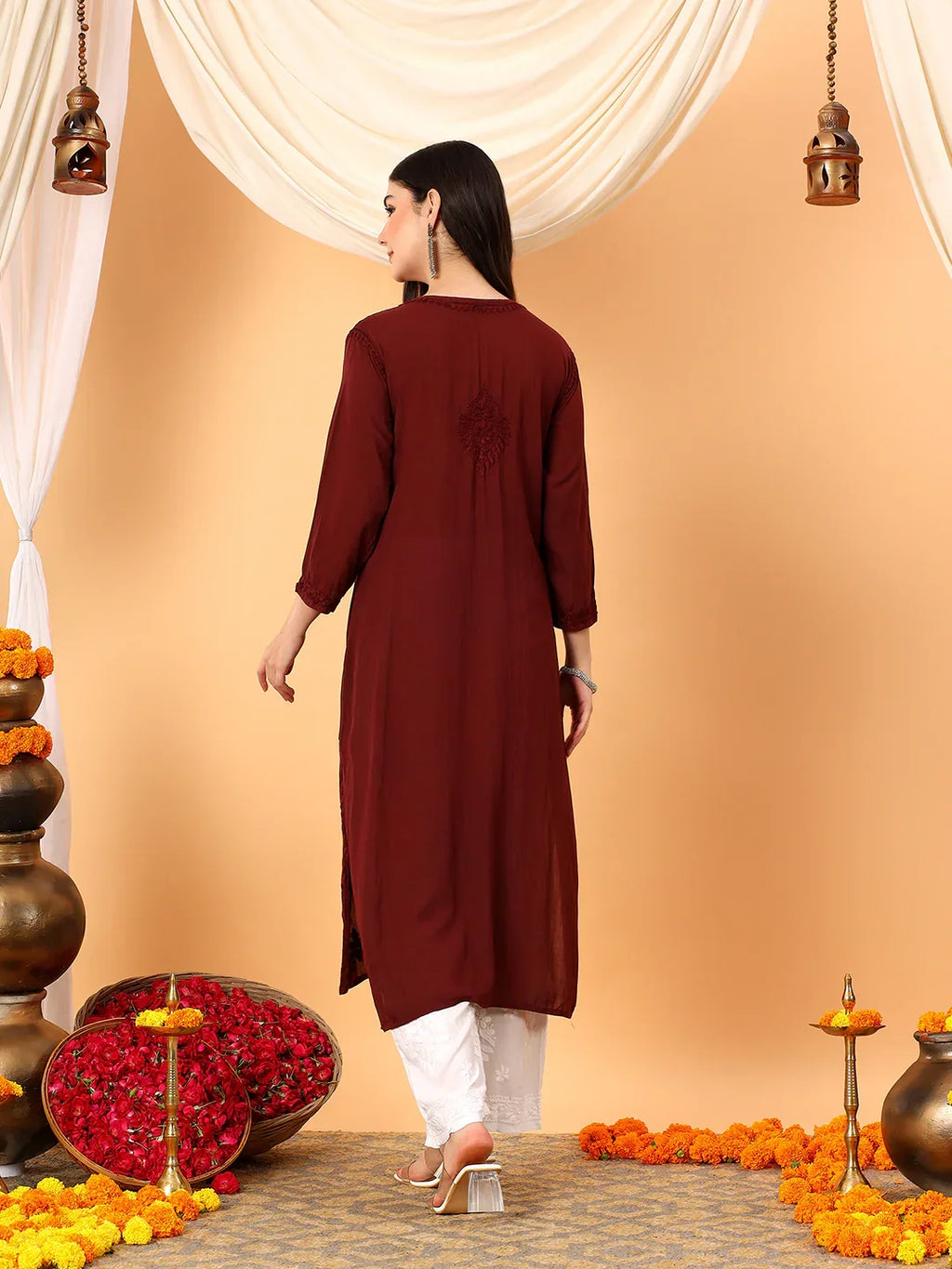 Alina Chikankari Modal Straight Kurta (Brown)