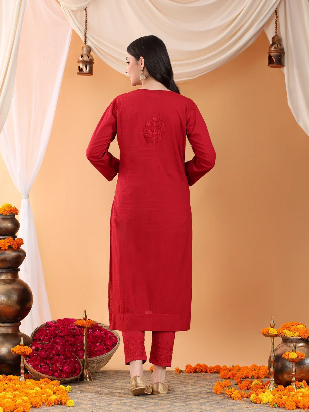 Ananya Chikankari Kurta Pant Cotton Co-ord Set (Maroon)