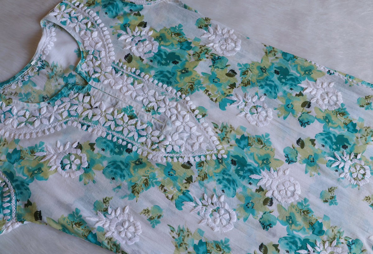Gulshan White & Teal Green Pure Mulmul set