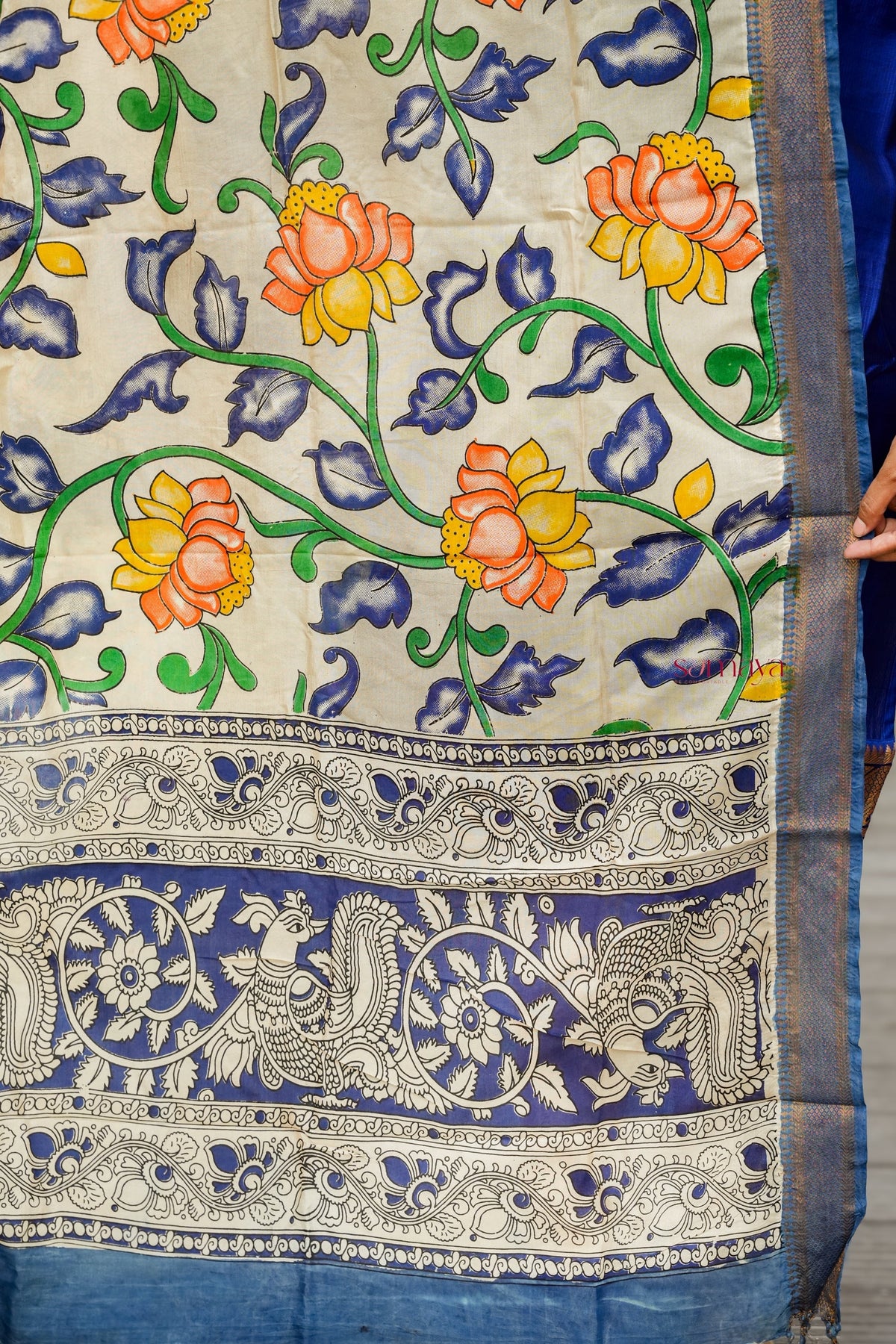Radhae Mangalgiri Blue Narayanapet silk top with kalamkari hand painted dupptta set of 2 ( ready to dispatch)