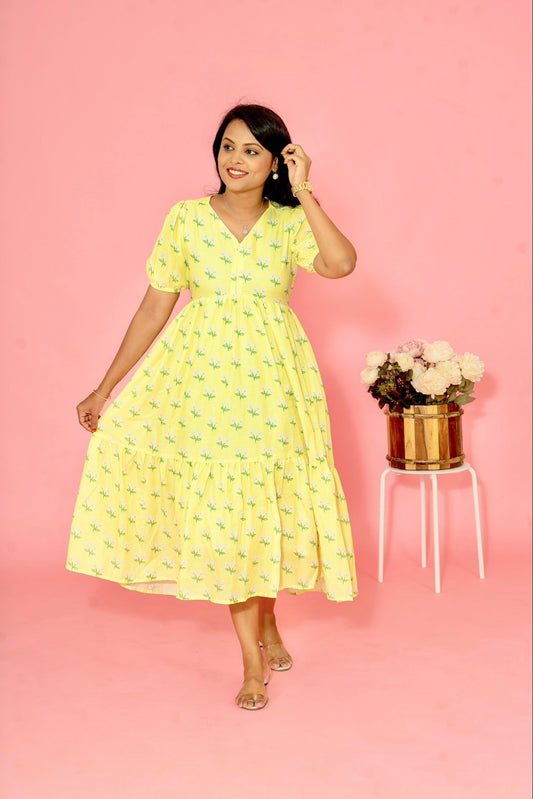Lemon Yellow Casual  Dress With Lining ( No-Iron Everyday Dress)