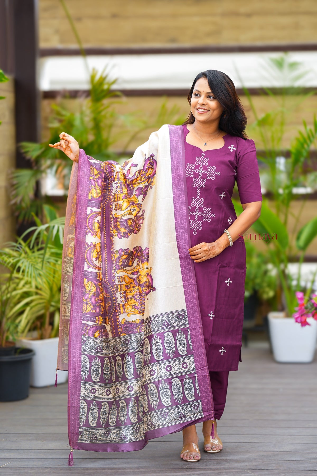 Saanvi -Purple Kolam 3 piece salwar suit set with kalamkari printed dupatta