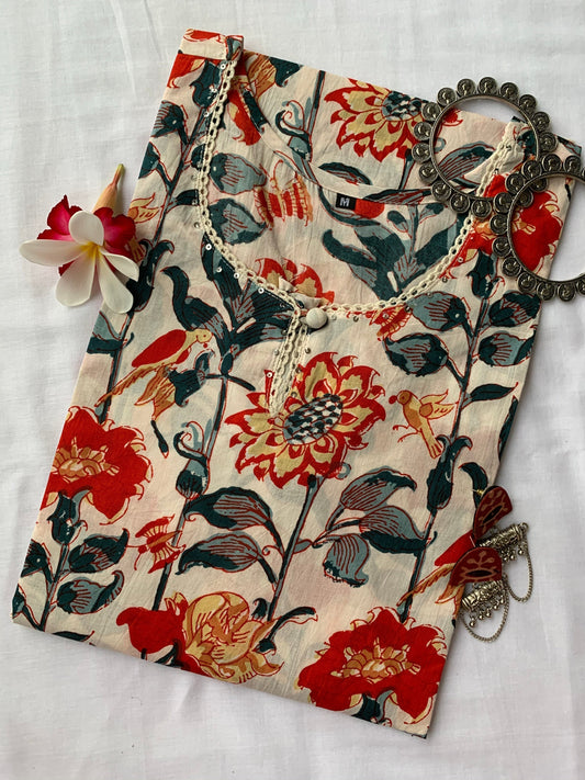 Cream Floral Bird Cotton Kurta