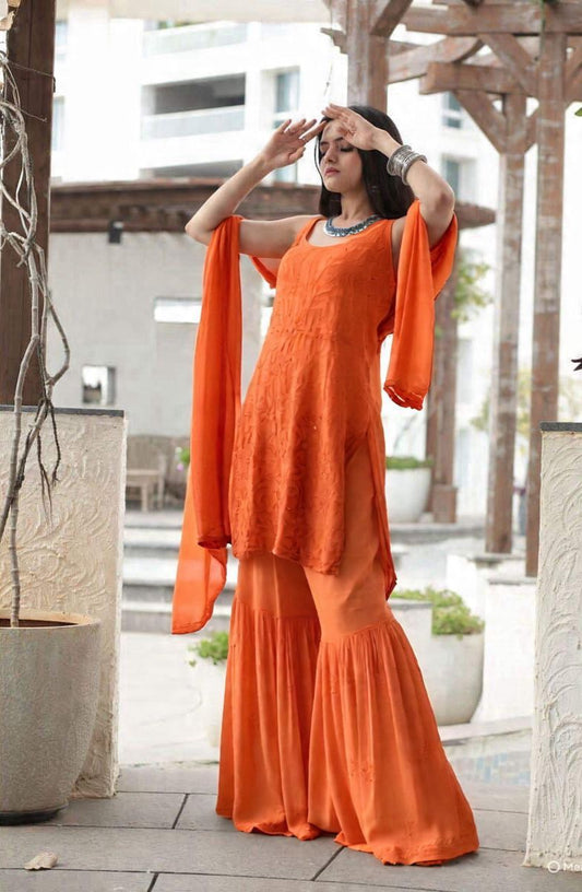 Orange Handcrafted Lucknow Chikankari Strappy Gharara Set (New)