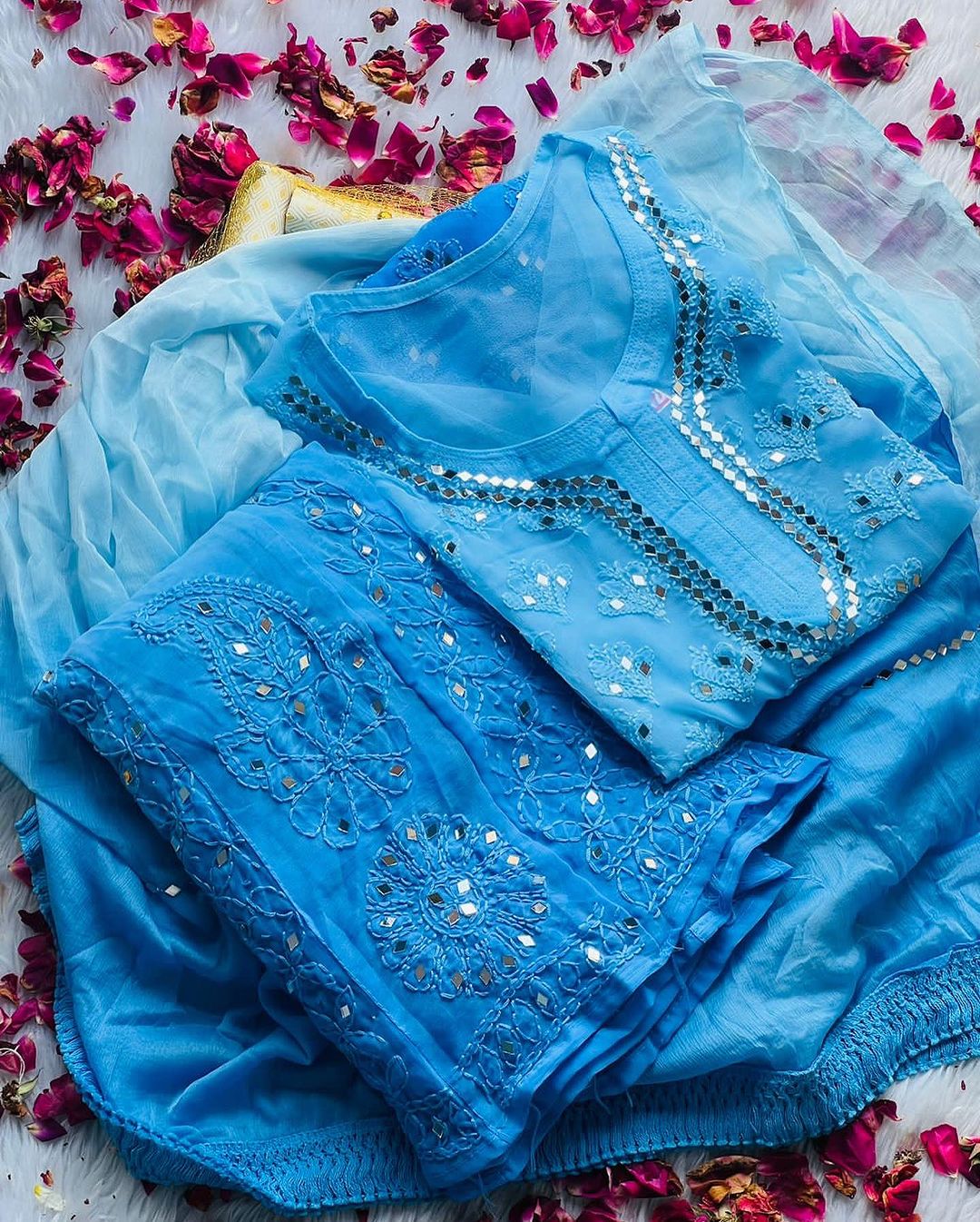 Ombre Viscose Georgette Butti Jaal Mirror Work Chikankari Kurta Palazzo With Dupatta Set