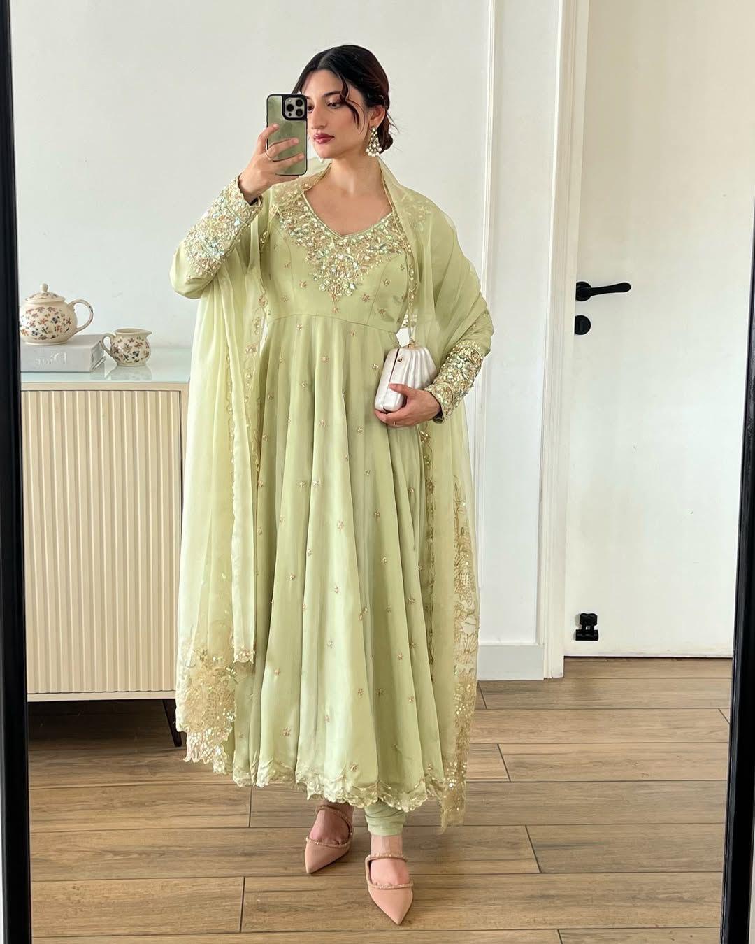 Green Embroidered Georgette Women's Party Wear Gown Set