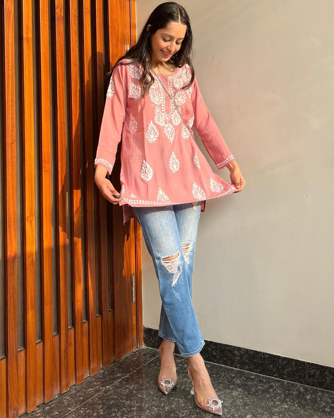 Women Chikan Embroidery Cotton A-line Kurta (Peach) 45
