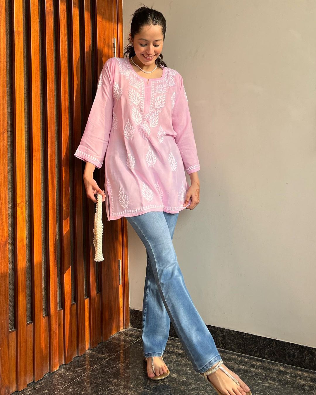 Women Chikankari Cotton A-line Kurta (Baby Pink) 61