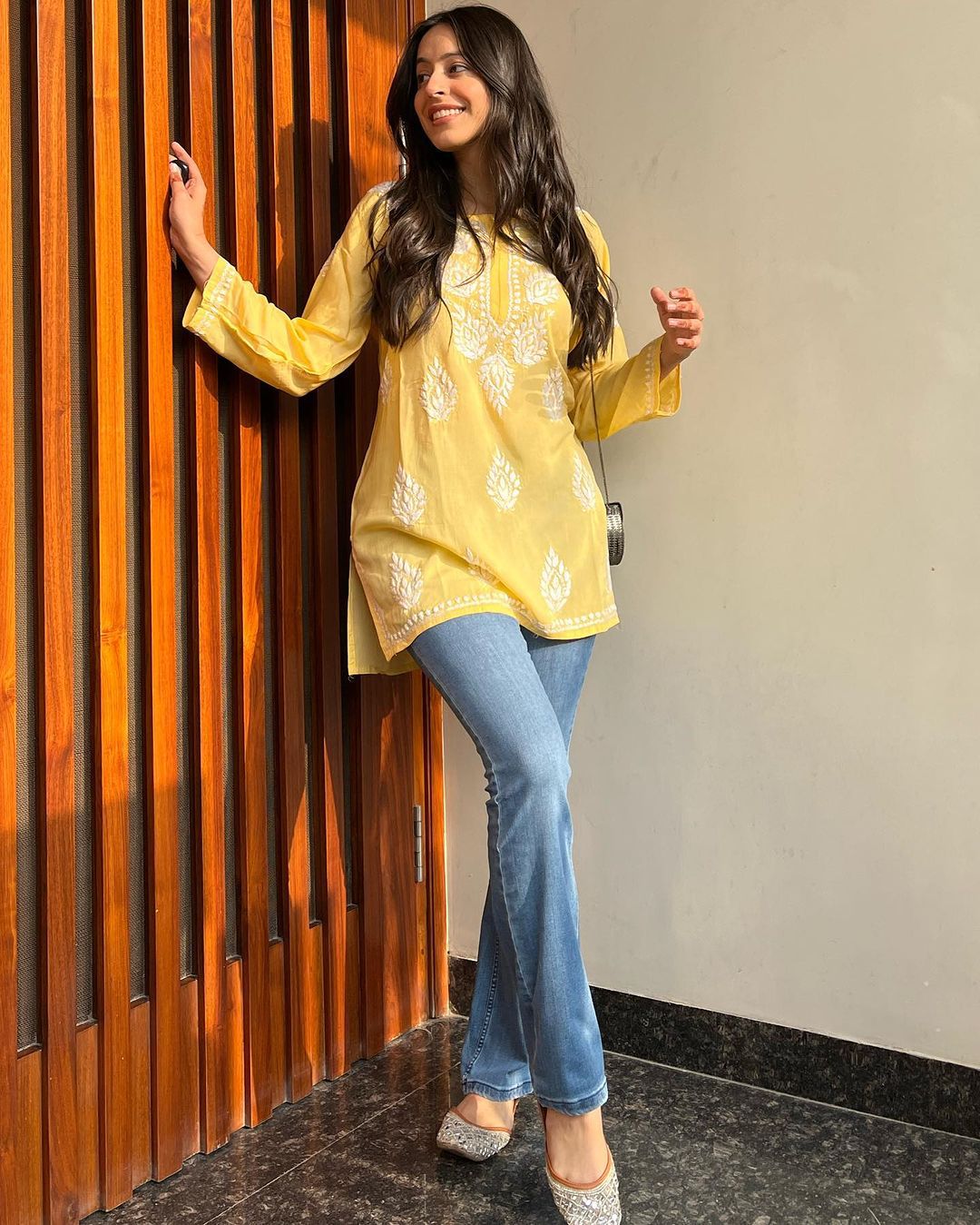 Women Chikan Embroidery Cotton cotton A-line Kurta  (Yellow) 46