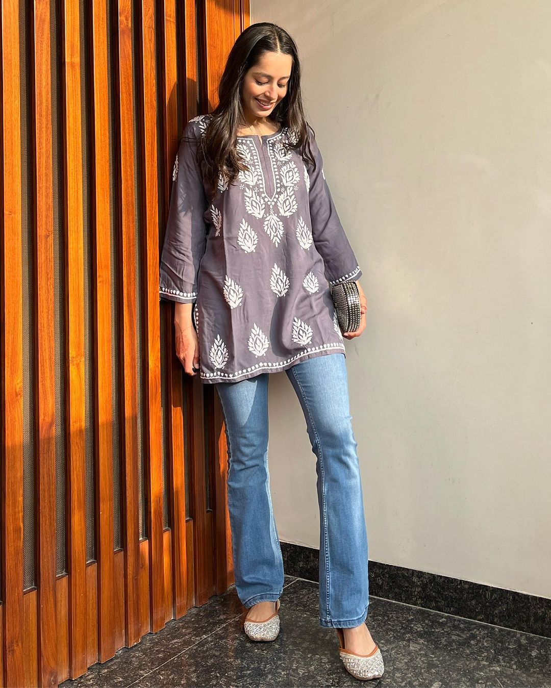 Women Chikan Embroidery Cotton A-line Kurta (Greay) 43