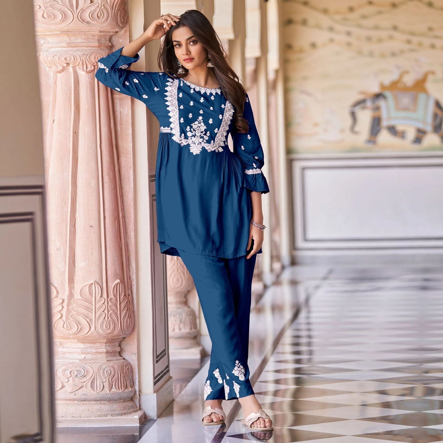 New Chikankari Exclusive Same_Kurti_Pent Pair (Navy Blue) 35