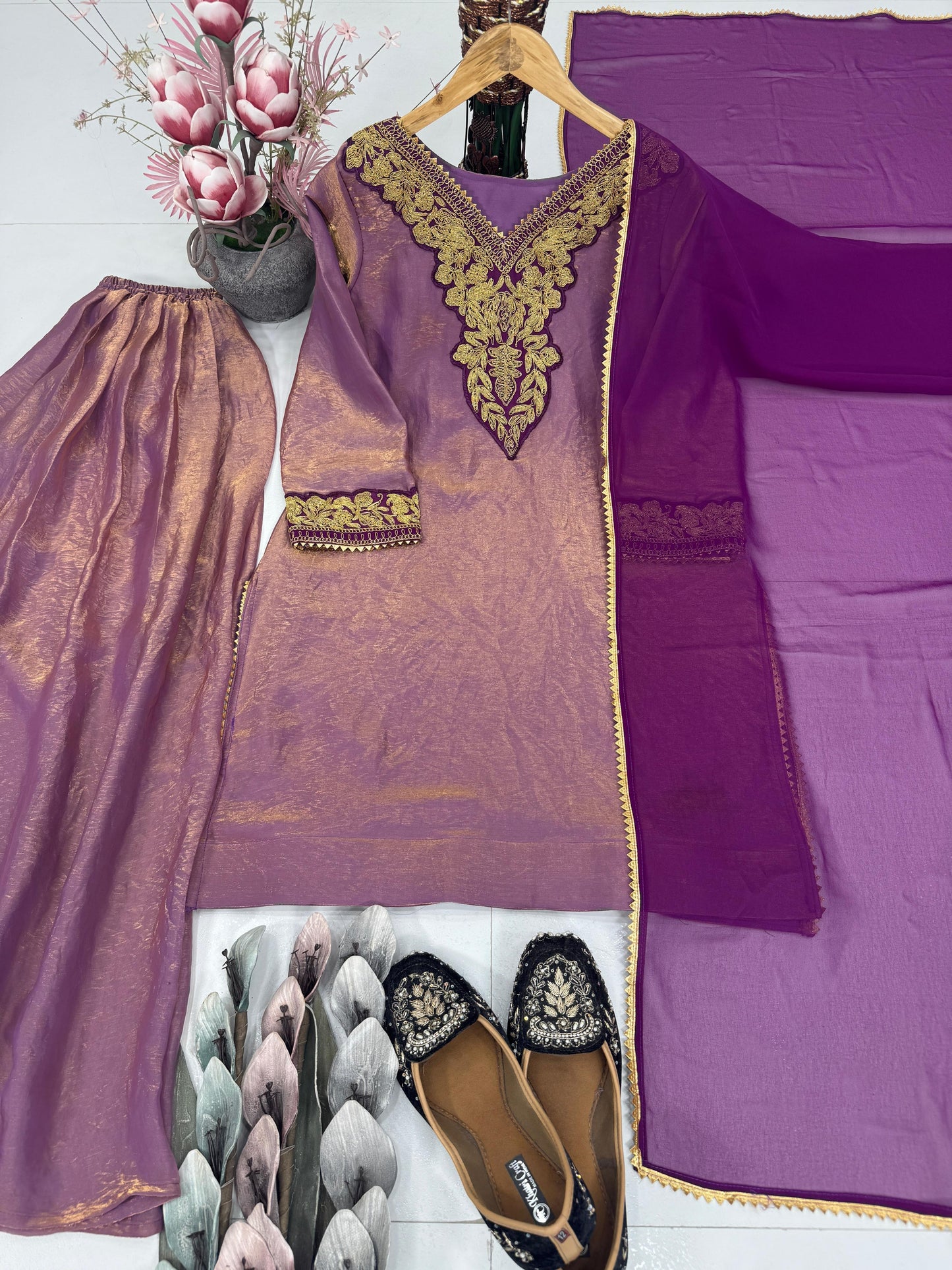 Dusty Pink Wide Flair Salwar Kameez Dupatta Designer Set
