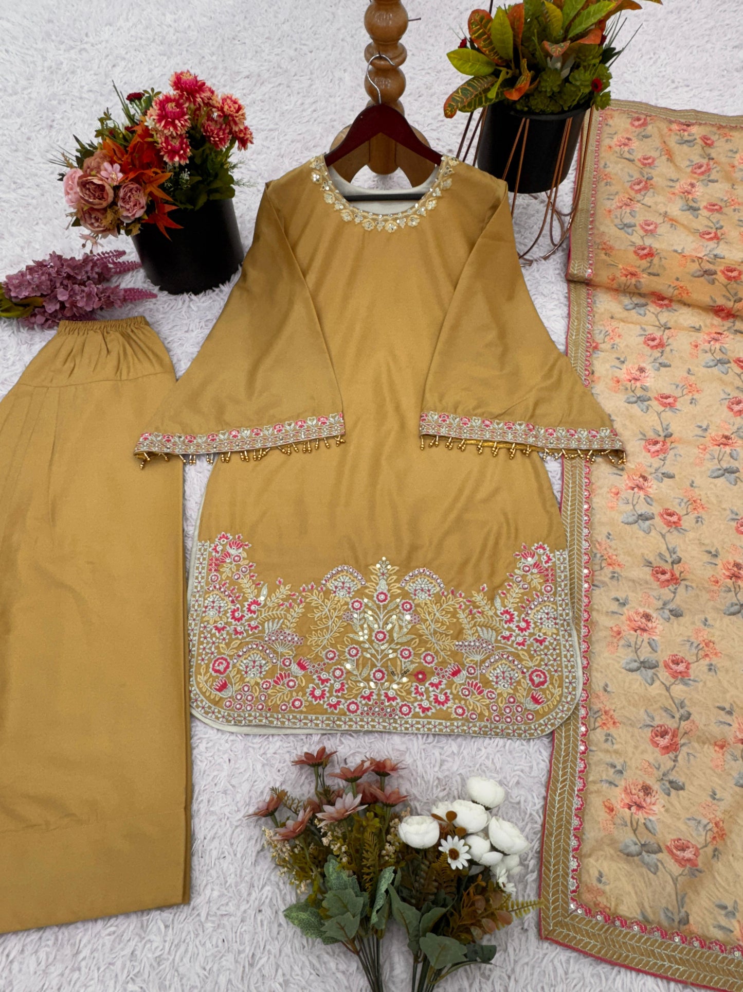 Mustard Olive Designer French Crepe Silk Farshi Salwar Suit Set