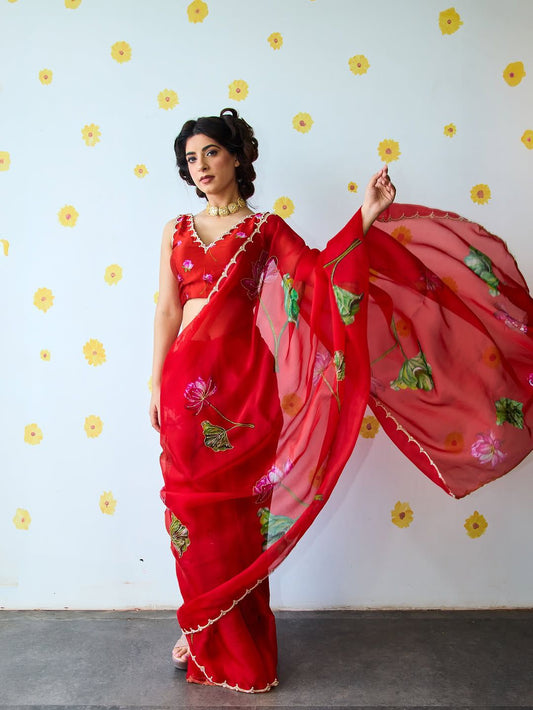 Red Floral Karwa Chauth Saree Blouse Set - Handwork Elegance