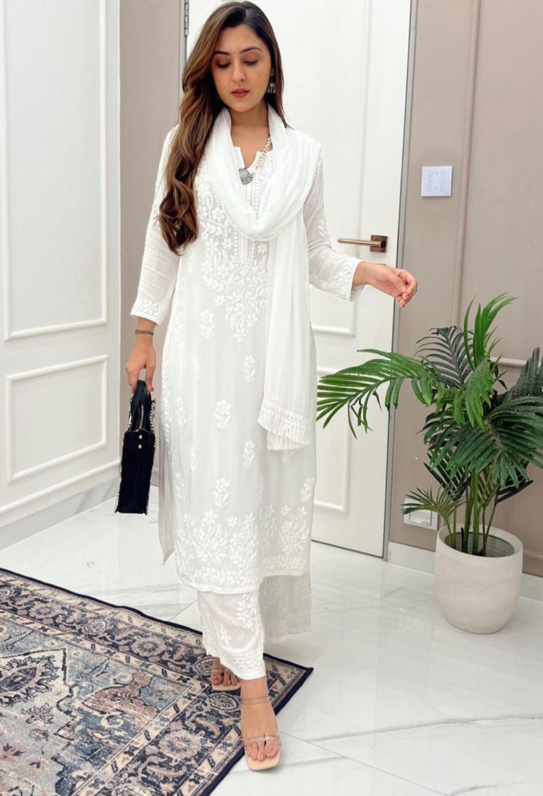 Classic White Ethereal Dyeble Chikankari Kurta Set Upto 5 XL