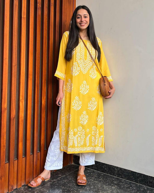 WOMEN CHIKAN EMBROIDERY Kurti_Pent Pair Design (Yellow)60