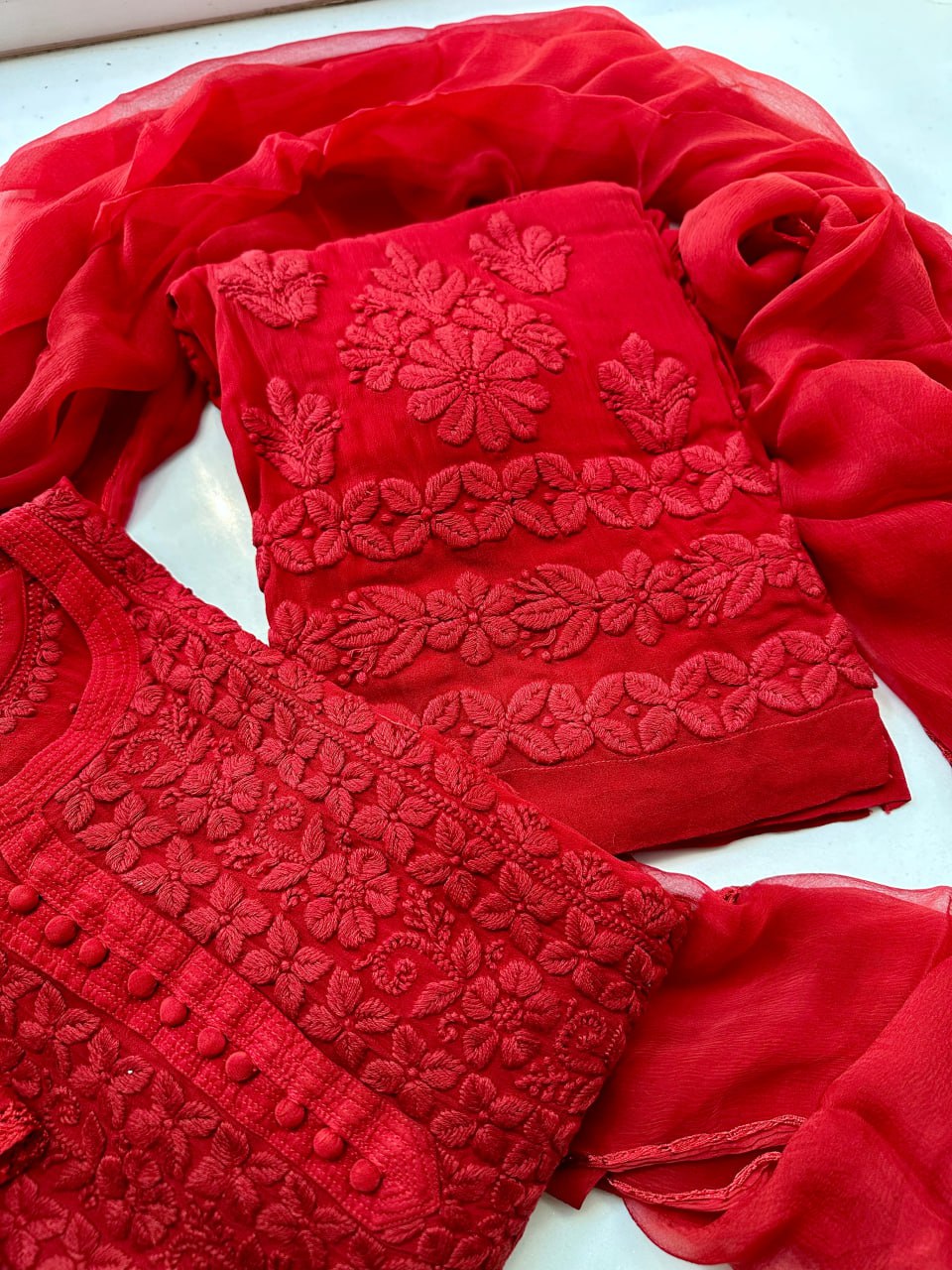 Georgette Chikankari Kurta &amp; Palazzo with Dupatta